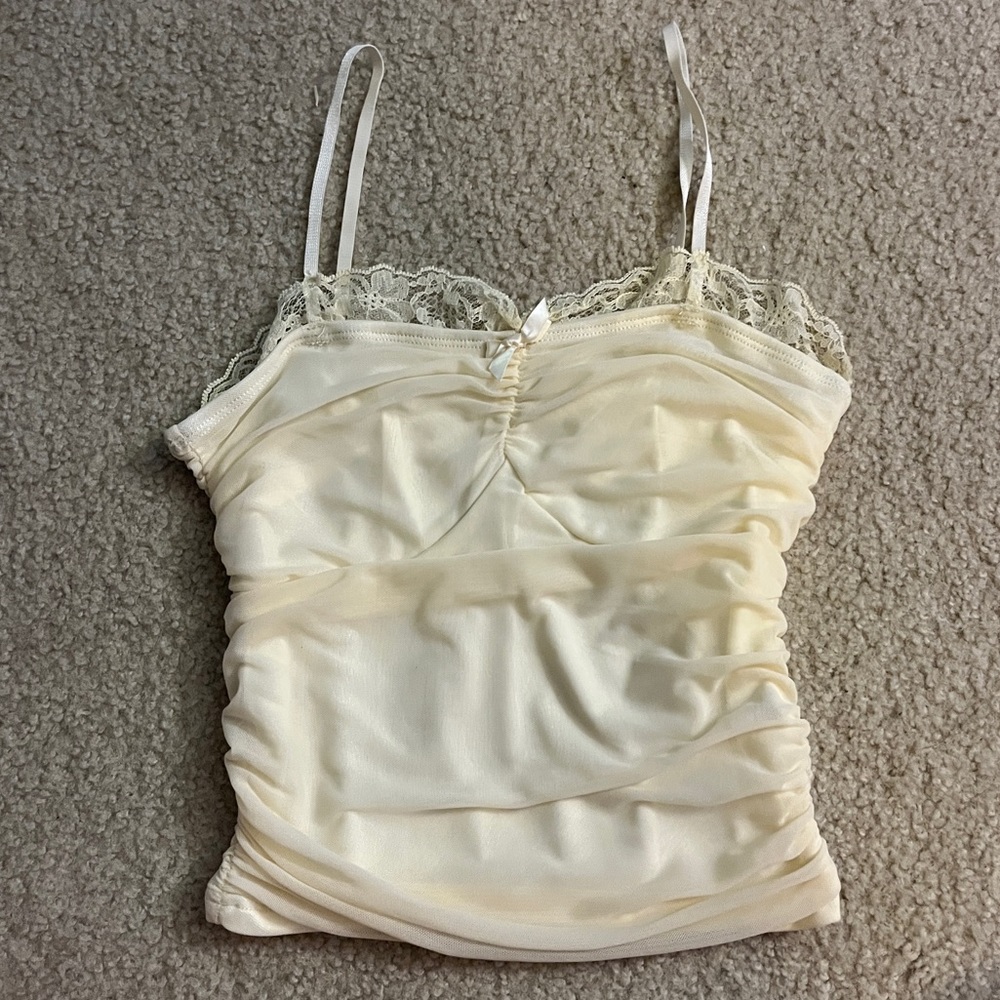 Lace mesh ruched cami crop tank top